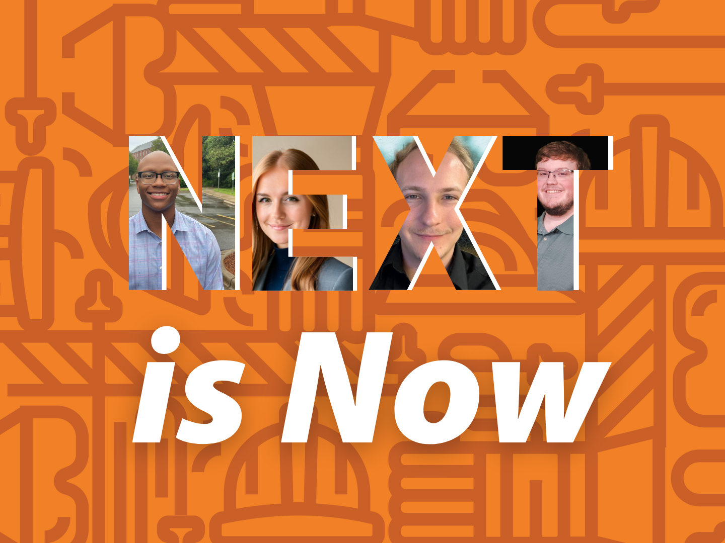 Four of Domtar's Gen Z interns from the sustainability generation - Gen Z. Their photos are superimposed on the letters NEXT with an orange, textured background. Text reads NEXT is Now.