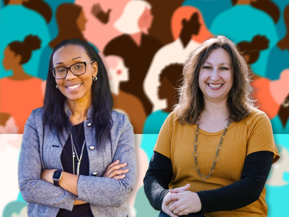 Description: Two women in manufacturing are featured in this story and both are pictured side by side in this image, against a multicolored background that includes a mosaic of modern art-style women.
