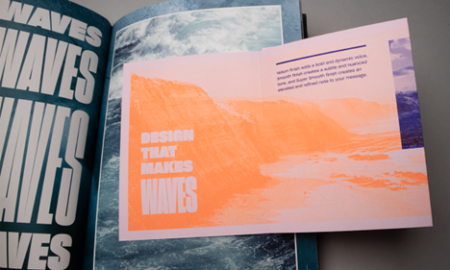 A page spread from Cougar Paper Trails featuring a tritone design and four color photography printed on Cougar Paper Super Smooth Finish.