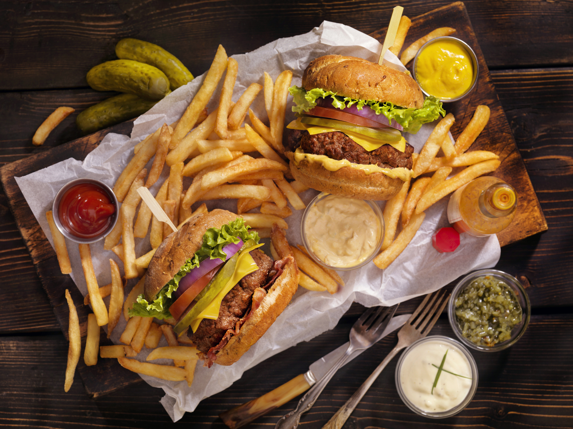 Classic Cheeseburger, Bacon Cheeseburger, French Fries and Beers