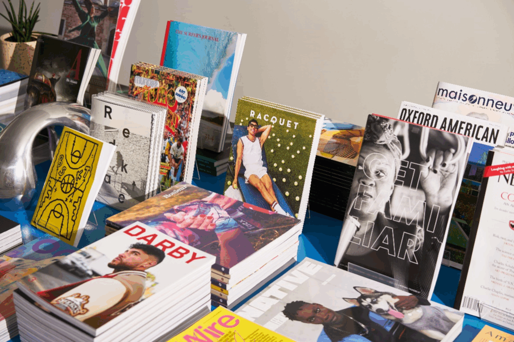 table full of magazines