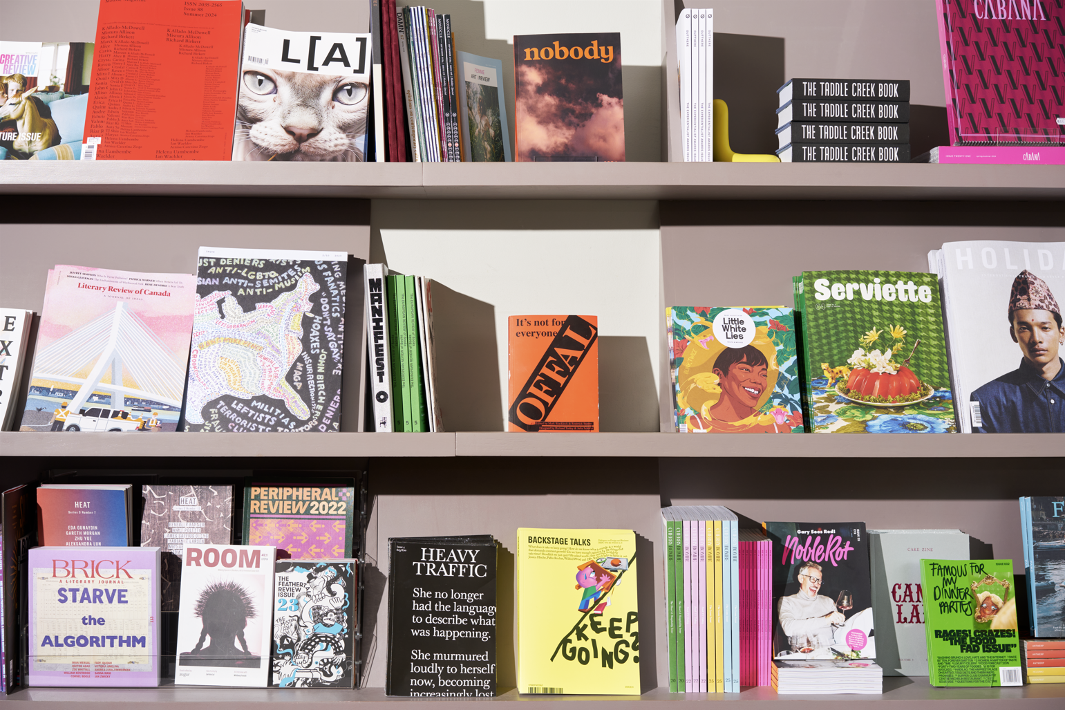 several shelves full of magazines, novels, and novellas