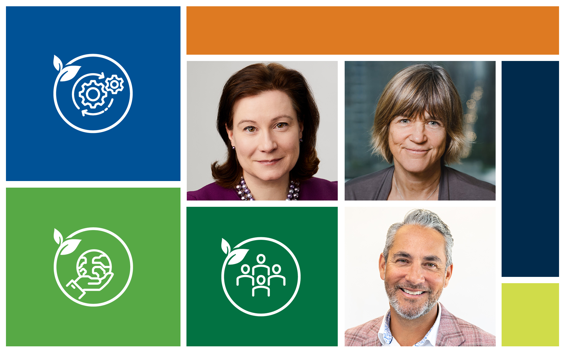 Collage of color blocks and individual photos of two women and one man. Domtar formed an External Sustainability Advisory Committee to help guide our sustainability journey.