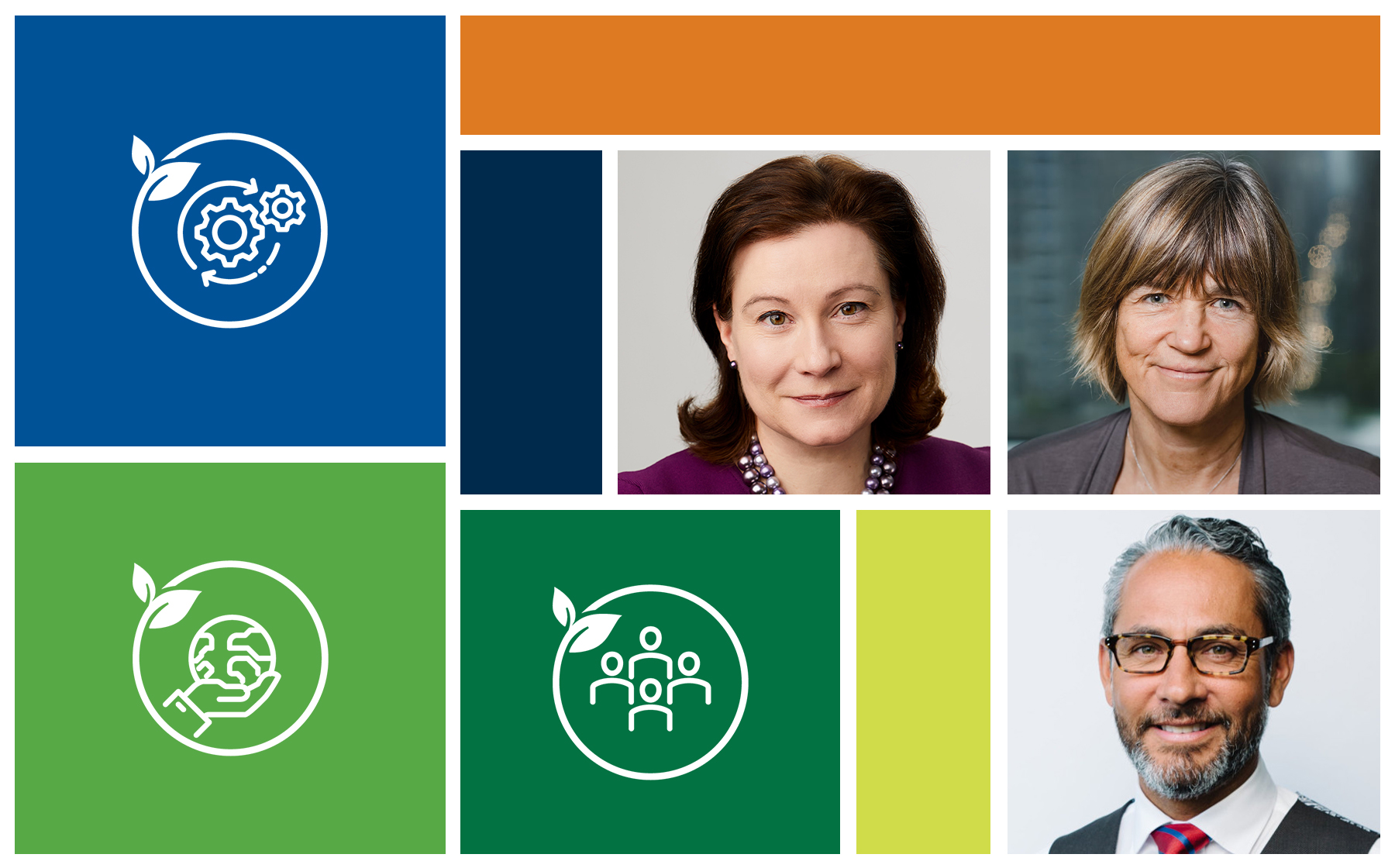 Collage of color blocks and individual photos of two women and one man. Domtar formed an External Sustainability Advisory Committee to help guide our sustainability journey.