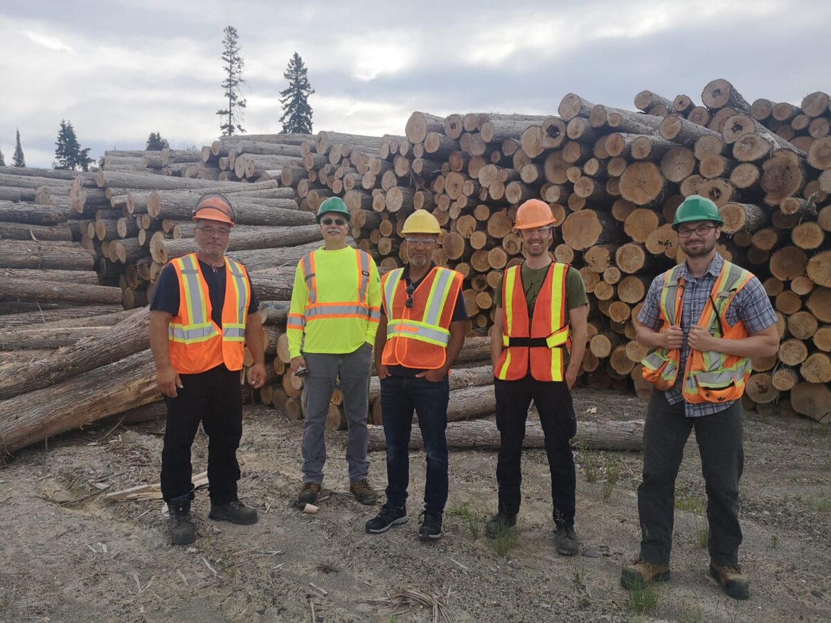 Five men wearing hardhats and safety vests standing in front of stacked cedar logs