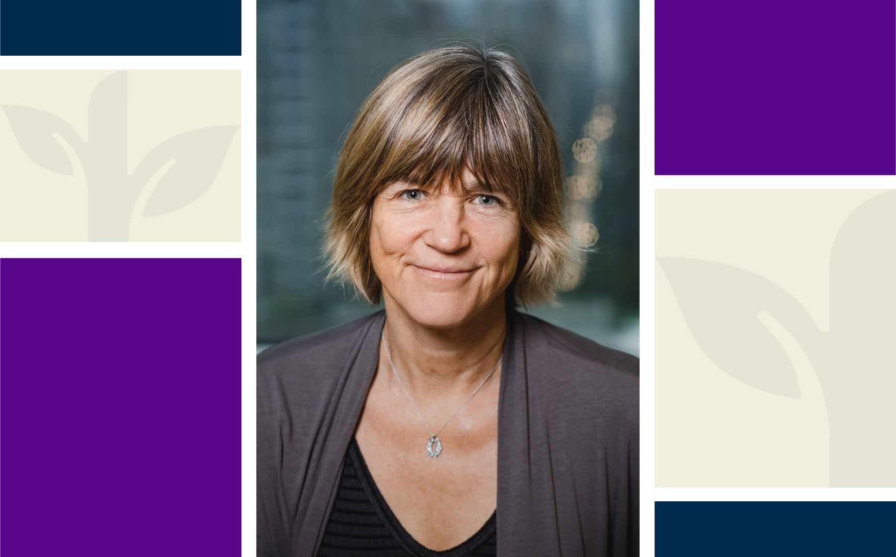 Tensie Whelan, an expert on sustainability measurement, is pictured in the center of the image with decorative squares and rectangles in navy blue, off-white, and NYU purple.
