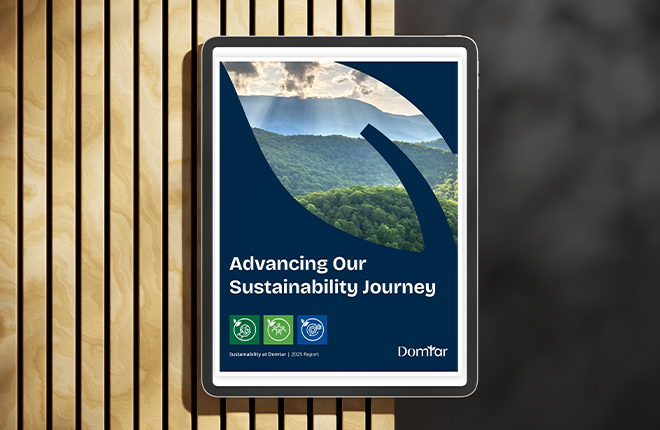 Domtar's annual sustainability report is now available online. Description: Cover page of sustainability report with title "Advancing Our Sustainability Journey" on a tablet.