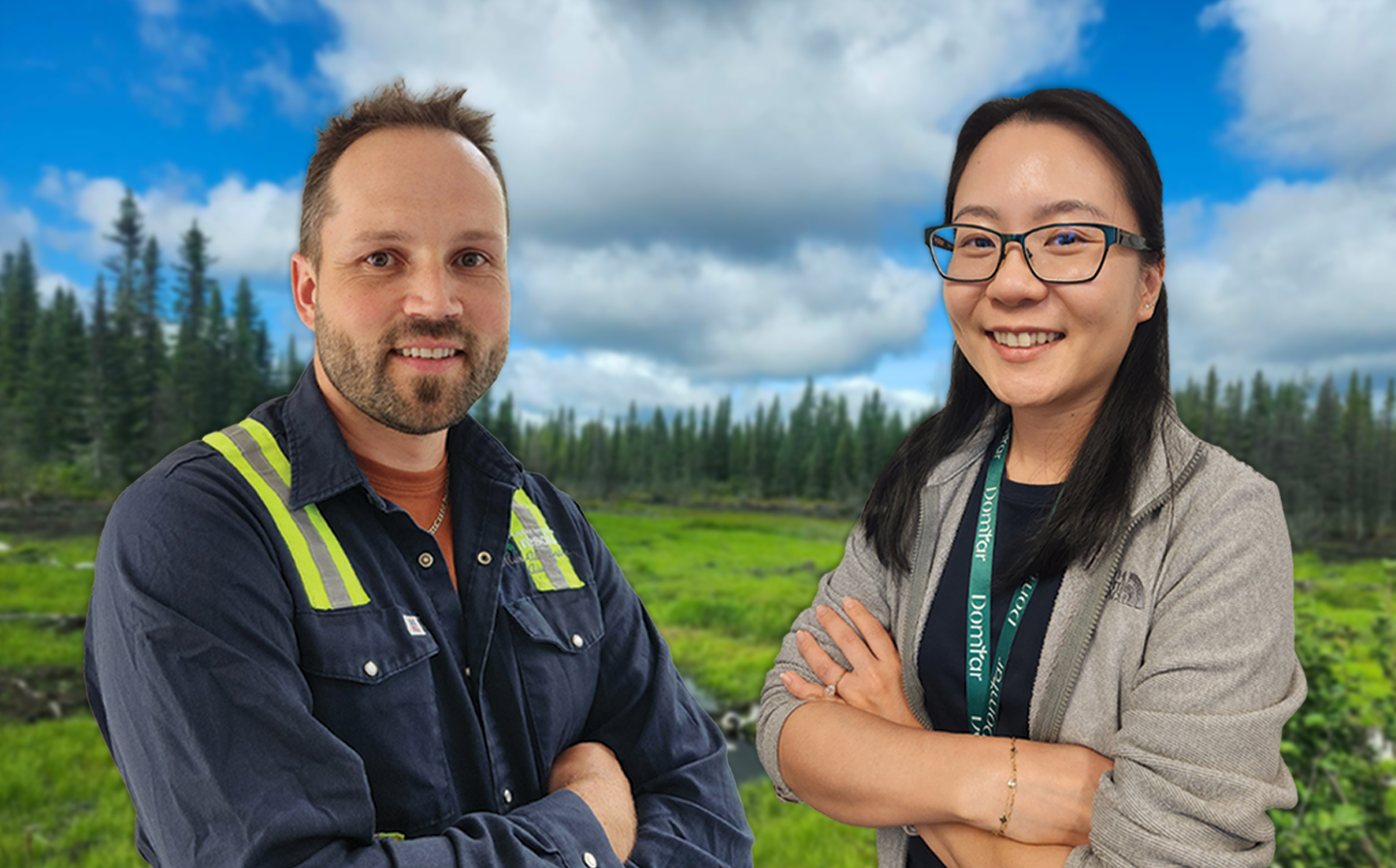 Marc-Alexandre Audet et Jessica Susanto, de Domtar, figurent au palmarès des 10 meilleurs professionnels de moins de 40 ans de Pulp & Paper Canada. Marc-Alexandre apparaît à gauche et Jessica, à droite. Leurs portraits sont superposés à l’image d’une forêt en arrière-plan.