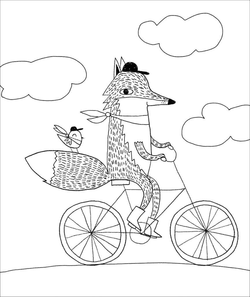 whimsical fox on a bicycle coloring page