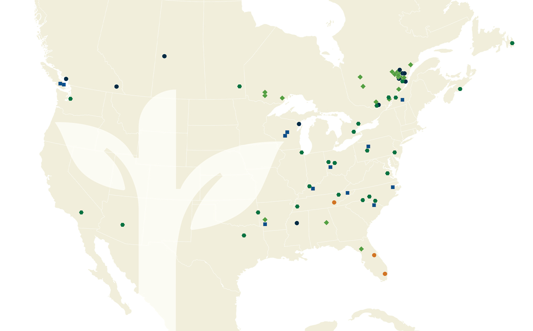 Beige-colored graphic map of North America with dots representing all Domtar locations in North America and a seedling graphic superimposed over the map. Domtar products are made in North America.